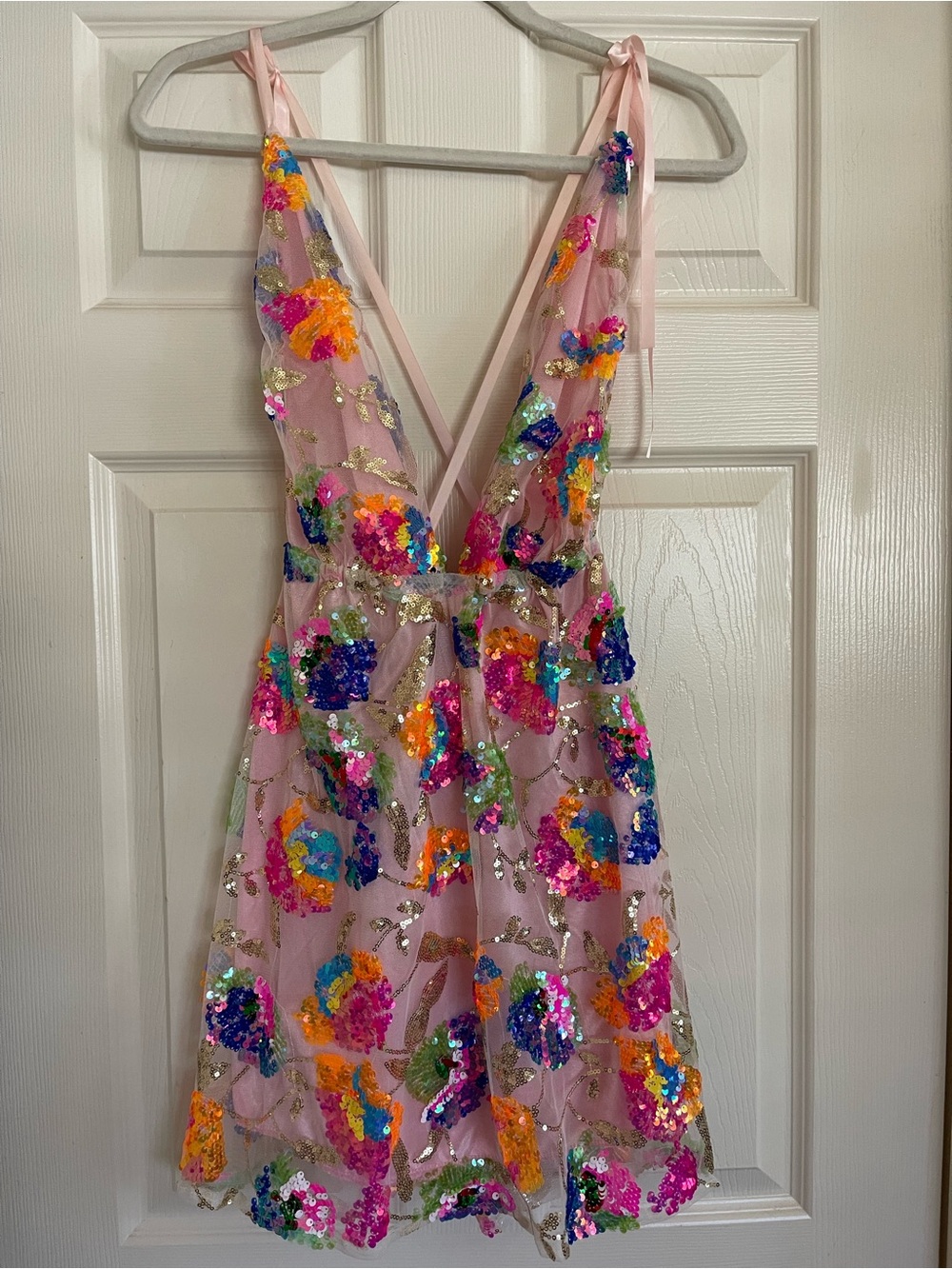 Amazon Pink Sequin Floral One-Piece Dress with Multicolor Appliqués